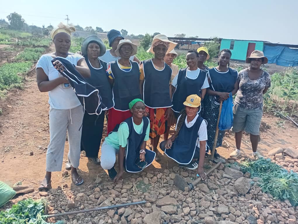 Latter-day Saints volunteers in Helping Hand vests with gardeners at Sizinda Green Gardens